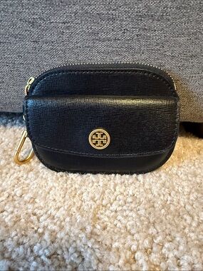 Tory Burch Black Leather Key Pouch with Gold Logo Accent